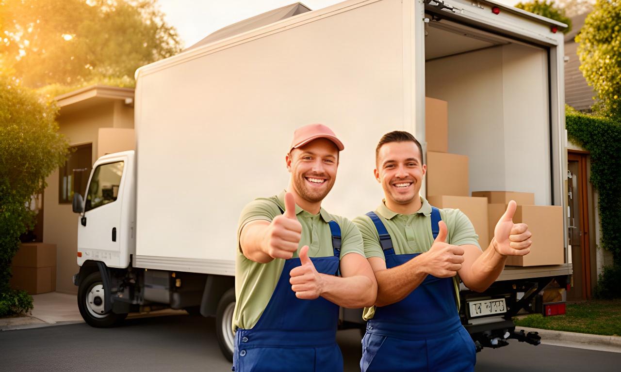 Two cheerful movers giving a thumbs-up beside a tidy moving truck at the end of a residential job