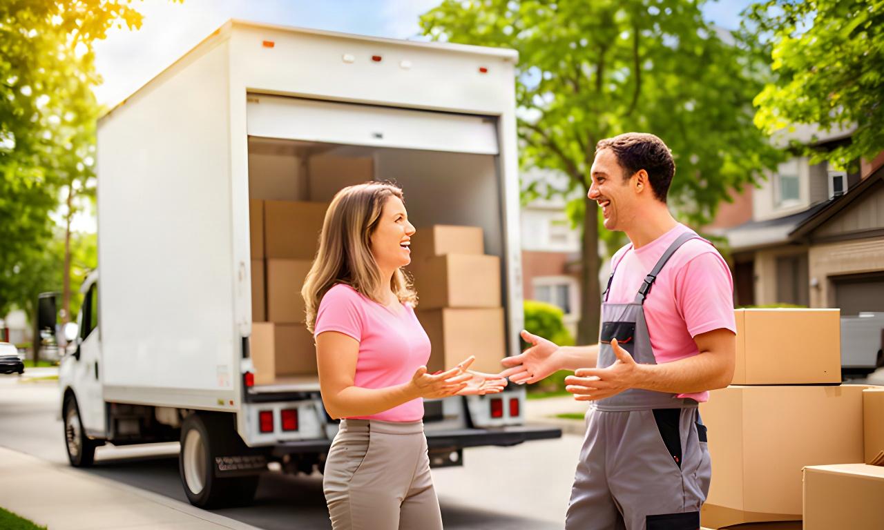 Smiling mover speaking with a customer beside a loaded truck on a sunny Vaughan street