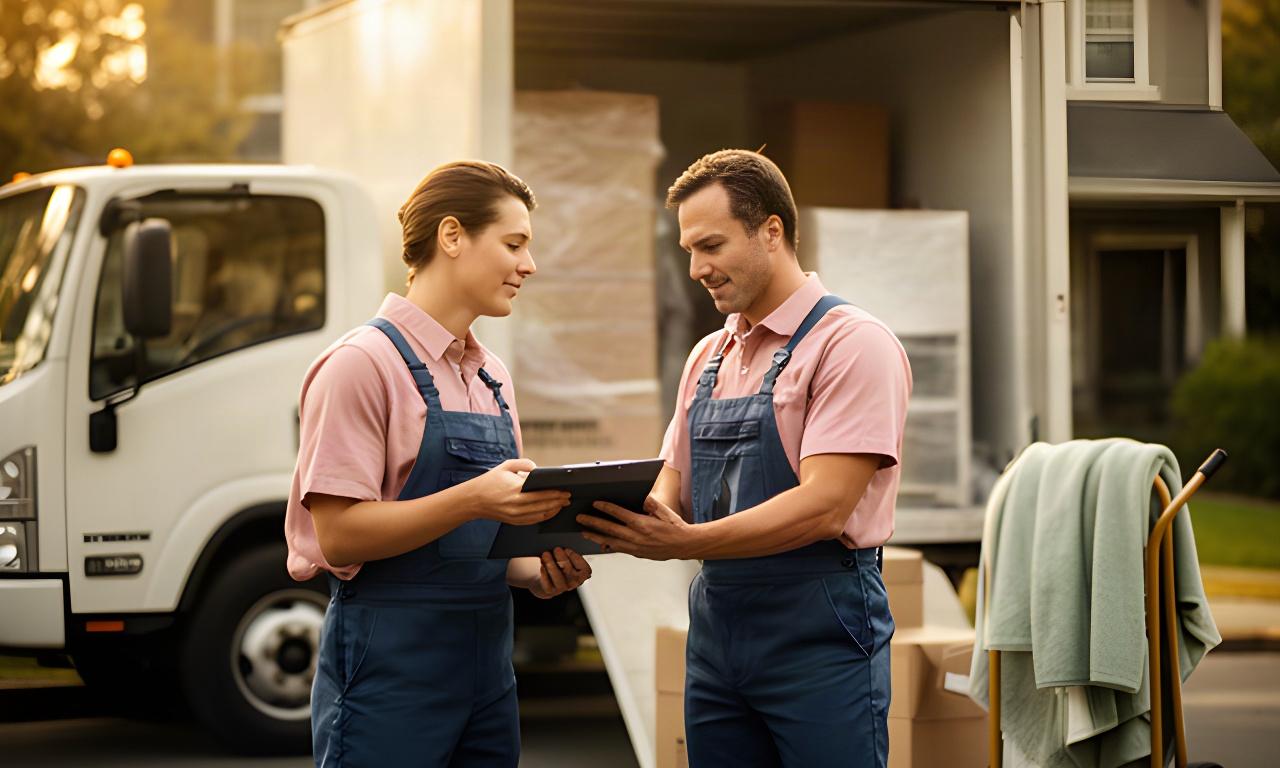 Vaughan movers checking a moving schedule beside a loaded residential truck