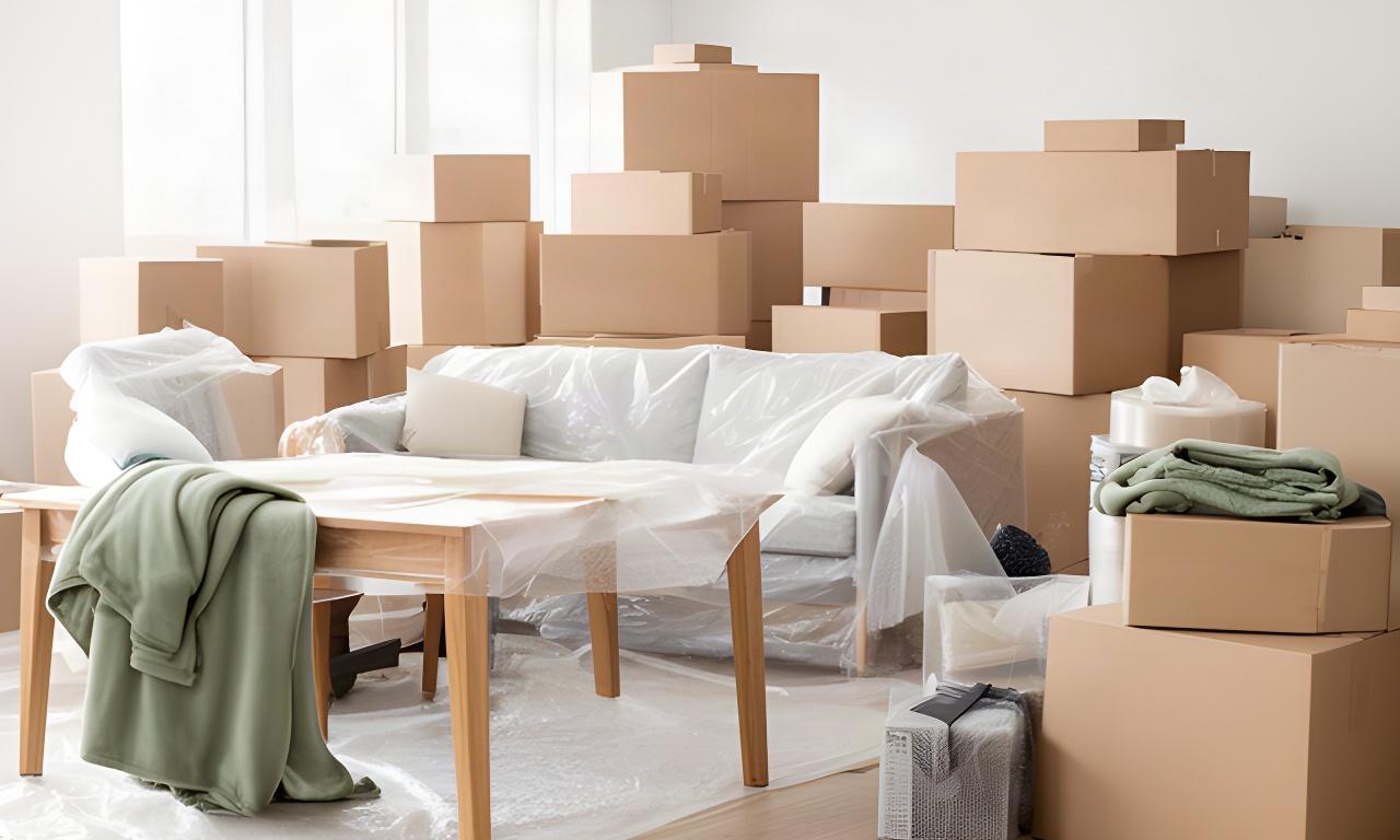 Moving boxes and protected furniture arranged inside a bright Vaughan home