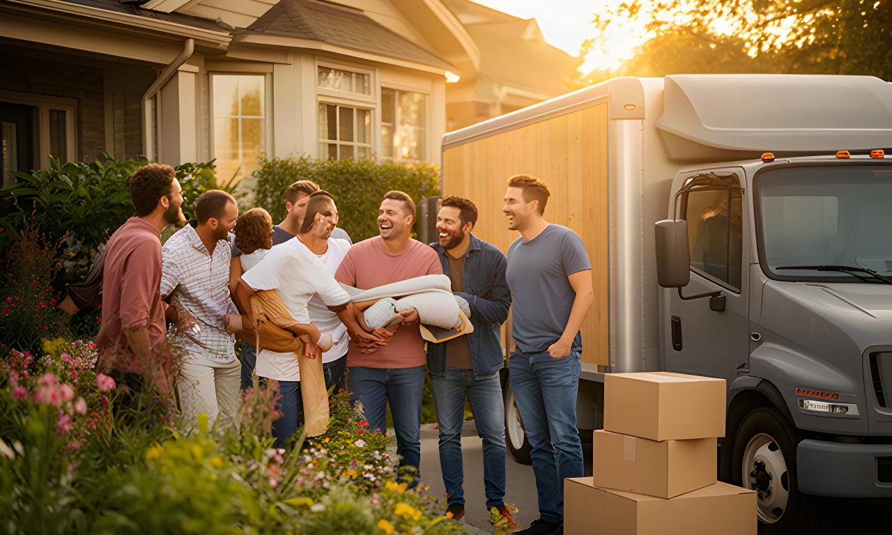 Friendly moving team laughing together beside a truck outside a Vaughan home