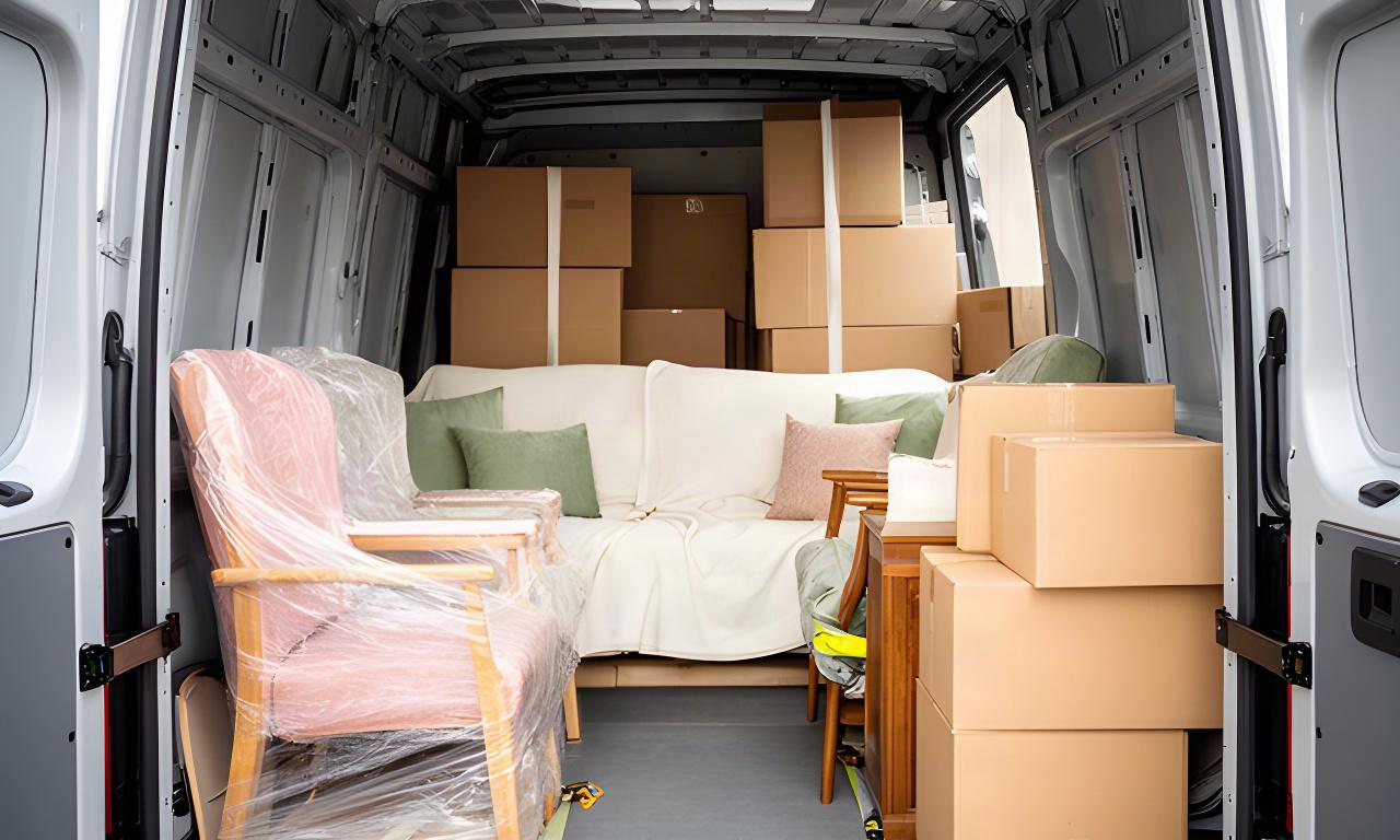Neatly packed moving van interior with protected furniture and labelled boxes