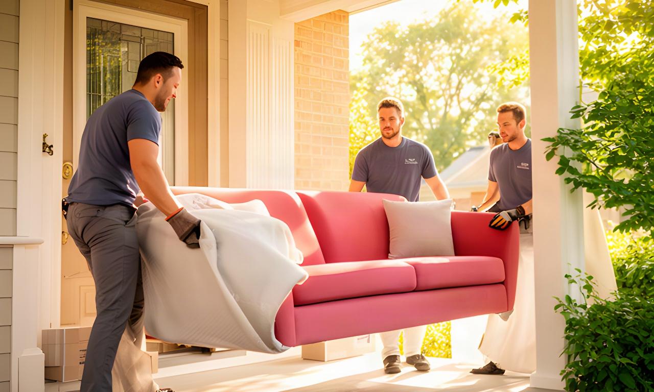 Smiling movers carrying a bright sofa down a sunlit porch in Vaughan, Ontario