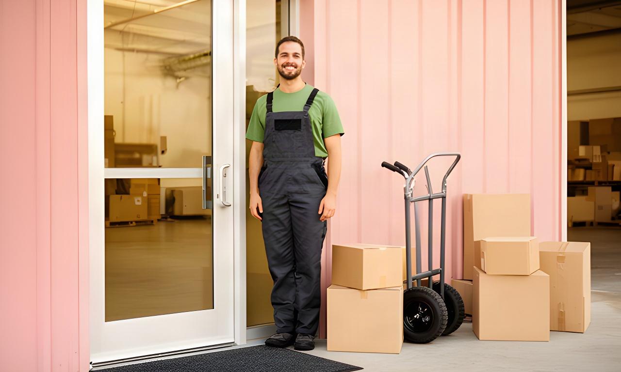 Friendly mover standing beside the welcoming office door and mat at a Vaughan moving warehouse