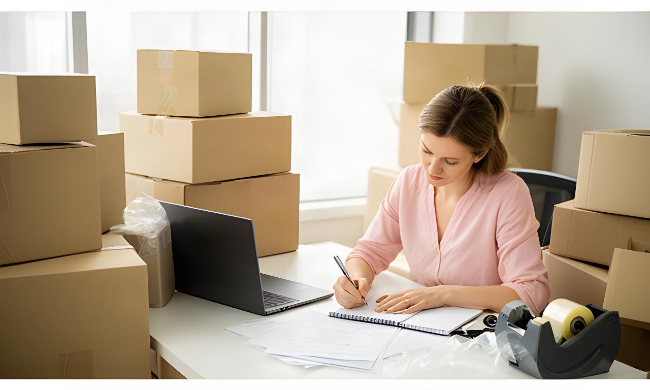 Moving coordinator writing notes at a bright Vaughan office desk beside packing boxes