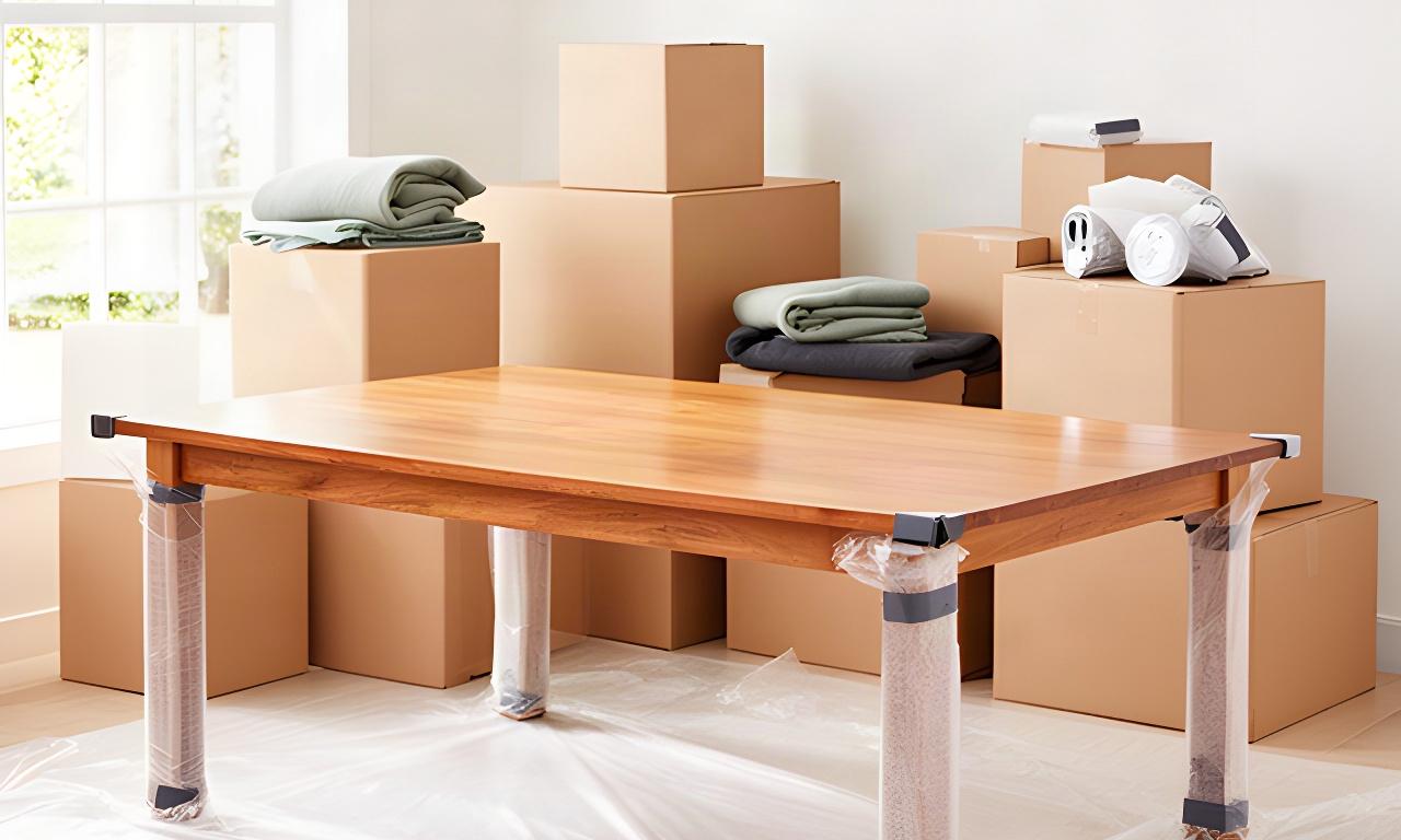 Protected dining table and moving boxes prepared for a residential move