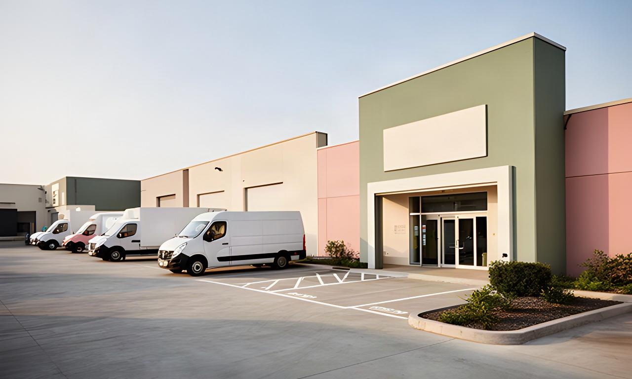 Exterior of the Vaughan moving warehouse with a marked entrance, parked moving vans, and clear signage
