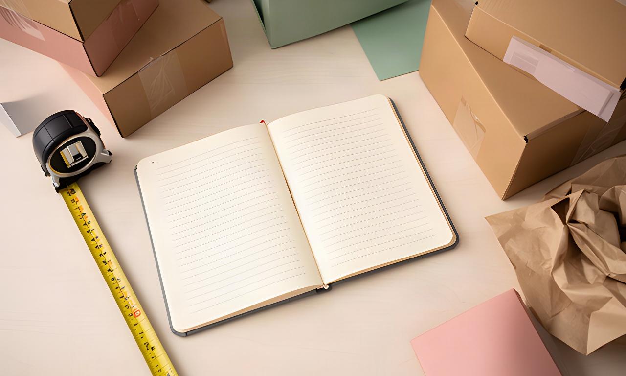 Open notebook with moving questions beside a tape measure and labelled household boxes